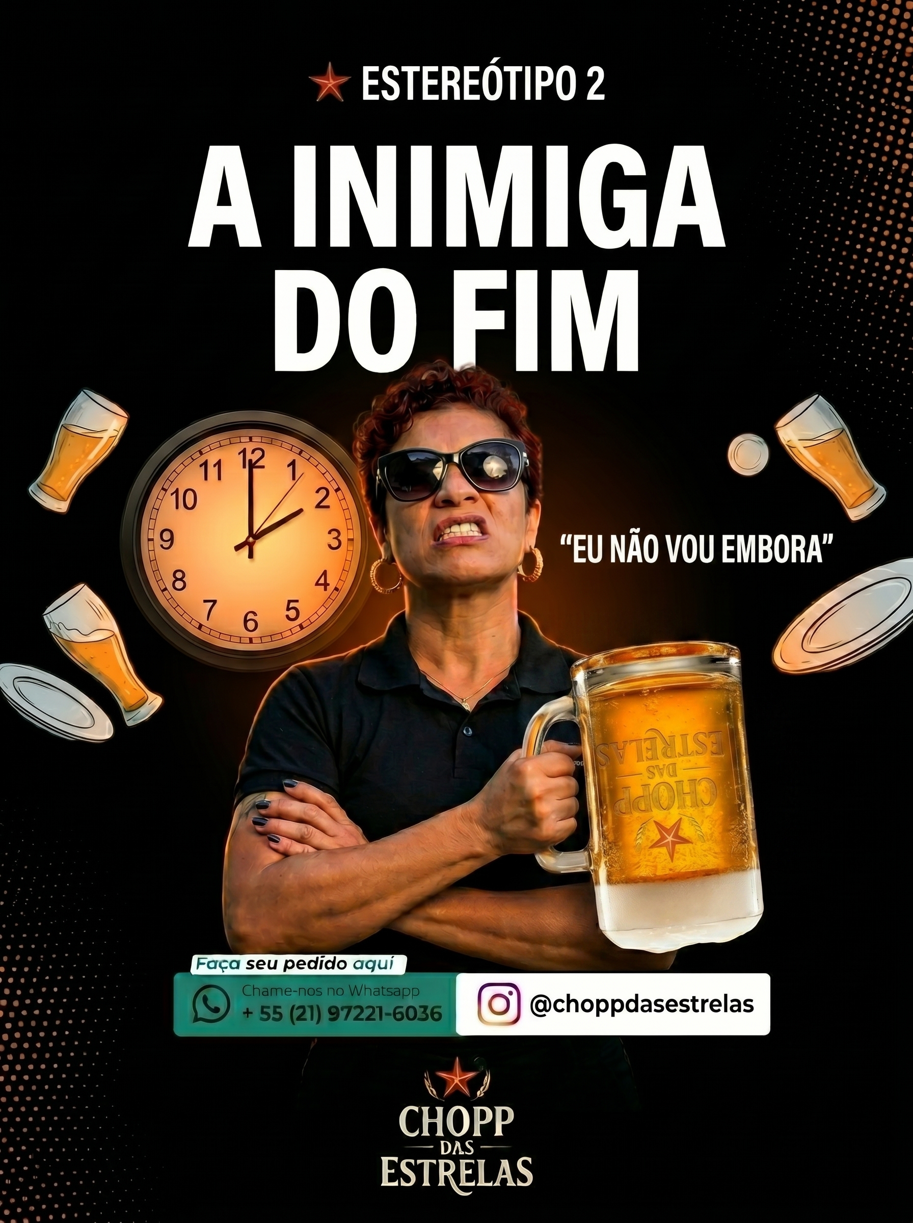 Raquel segurando uma caneca em campanha do Chopp das Estrelas